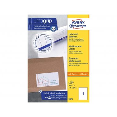 100 étiquettes multi-usage Avery 3478 210 x 297 mm