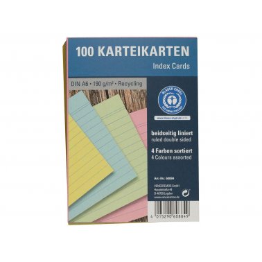 100 fiches papier recyclé 190g lignées couleurs assorties A6
