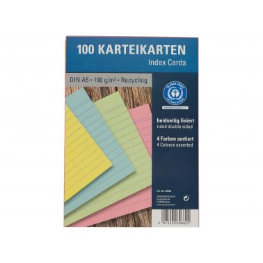 100 fiches papier recyclé 190g lignées couleurs assorties A5