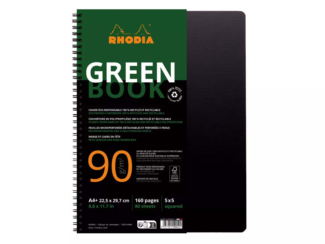 RHODIA Cahier &agrave; spirale GREENBOOK, GREENPAD recycl&eacute;, noir