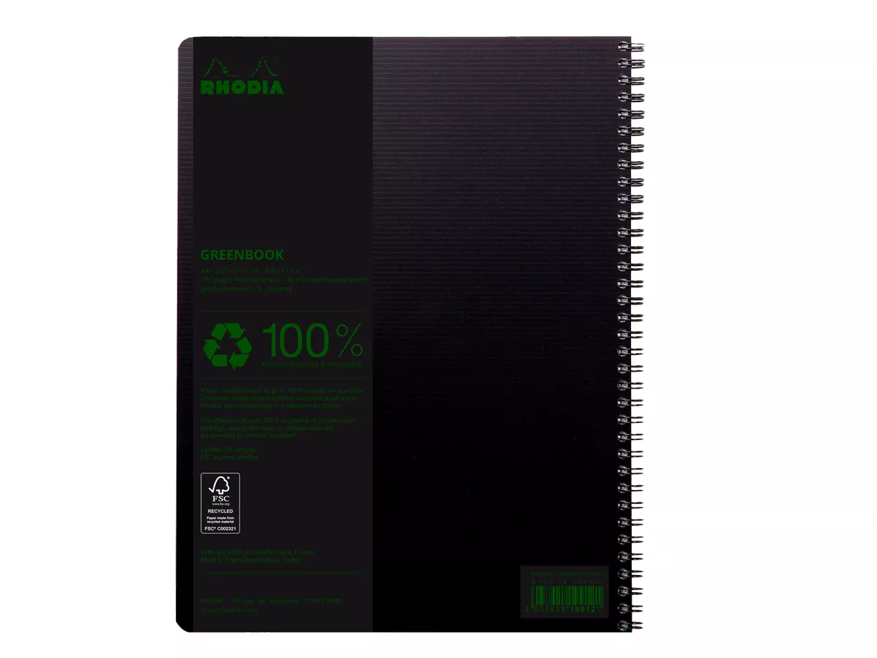 RHODIA Cahier &agrave; spirale GREENBOOK, GREENPAD recycl&eacute;, noir
