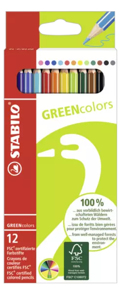 12 crayons de couleur assortis GREENcolors bois FSC mine 2,5mm