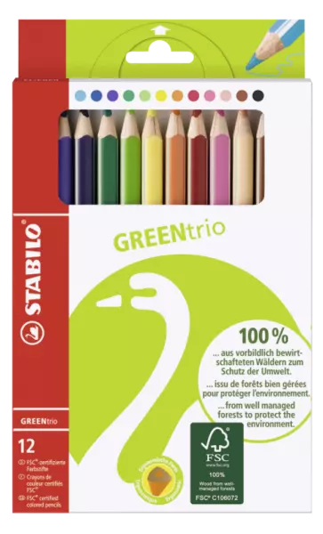 12 crayons de couleur assortis GREENtrio, bois FSC mine 4,2mm
