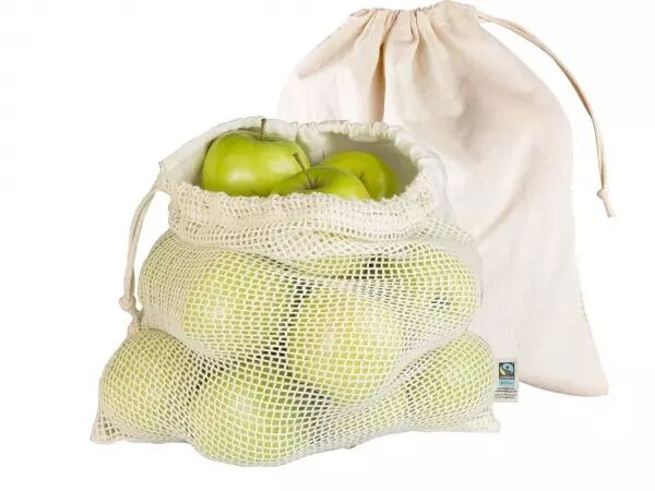 2 sacs coton bio � lacet, 1 face maille filet, 30 x 40cm