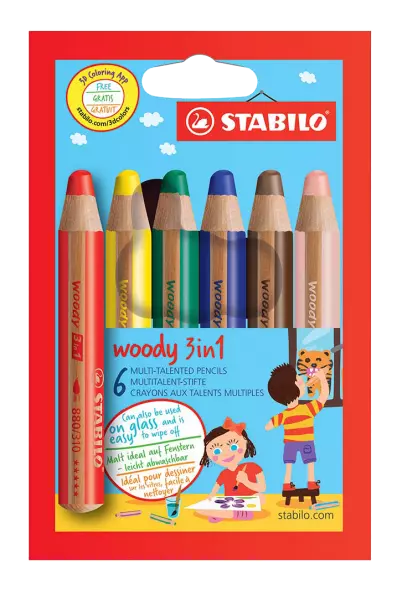 6 crayons de couleur Stabilo \ Woody\ , 6 couleurs assorties
