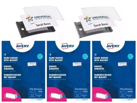 Badges nominatifs Avery \ Polar30\  aimantés 70x30 mm, noir