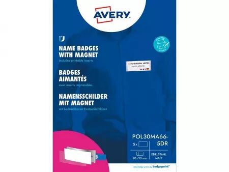 Badges nominatifs Avery \ Polar30\  aimantés 70x30 mm, noir