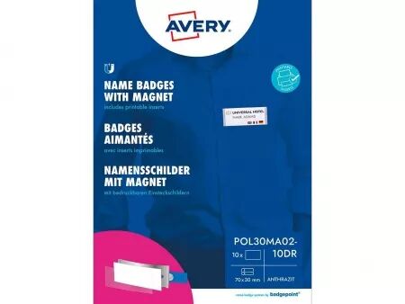 Badges nominatifs Avery \ Polar30\  aimantés 70x30 mm, noir