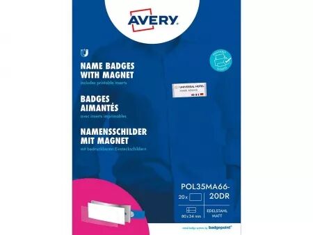 Badges nominatifs Avery \ Polar35\  avec aimant, 80 x 34 mm