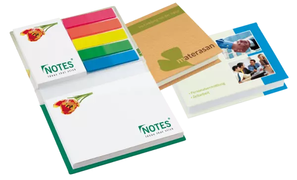 Carnet notes+index repos. 100x72mm, couv. carton impr. Offset