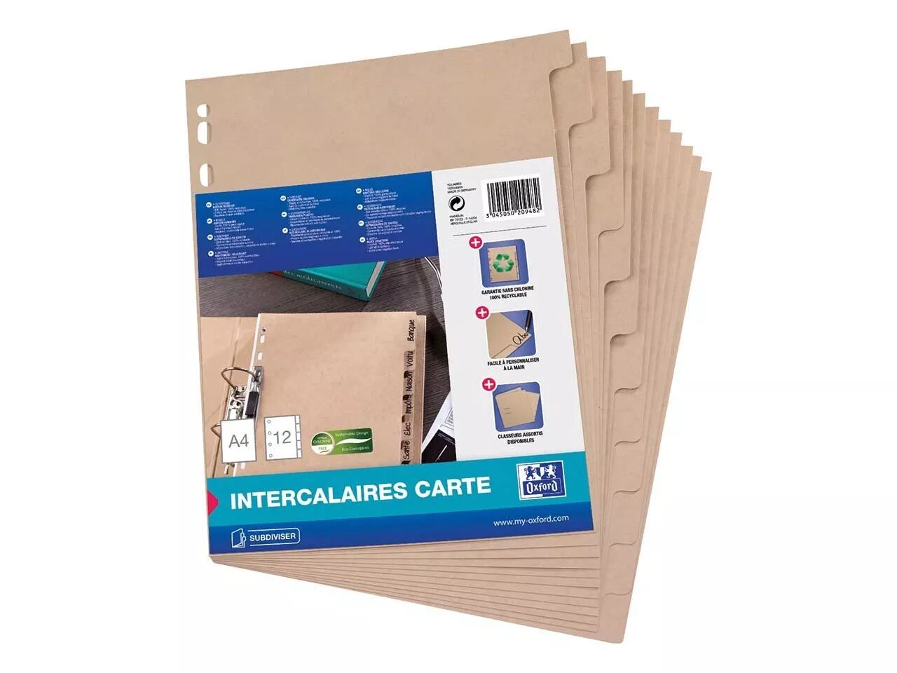 Intercalaires en papier recycl&eacute; A4, naturel