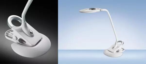 Lampe de bureau � LED Swirl, polyvalente pied/pince, blanc/argent