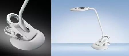 Lampe de bureau à LED Swirl, polyvalente pied/pince, blanc/argent