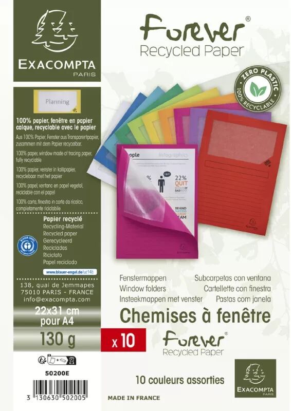 Lot de 100 Chemises &agrave; fen&ecirc;tre FOREVER, A4, 130 g/m2, Exacompta