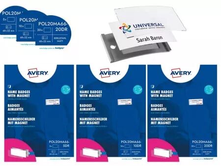 Lot de Badges nominatifs Avery \ Polar20\  avec aimant, 68 x 22 mm