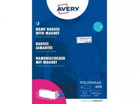 Lot de Badges nominatifs Avery \ Polar20\  avec aimant, 68 x 22 mm