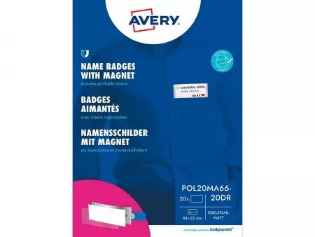 Lot de Badges nominatifs Avery \ Polar20\  avec aimant, 68 x 22 mm