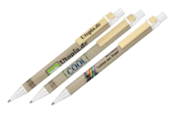Stylo-bille bleu, corps carton recycl�, clip bois plat, Bio-Mix